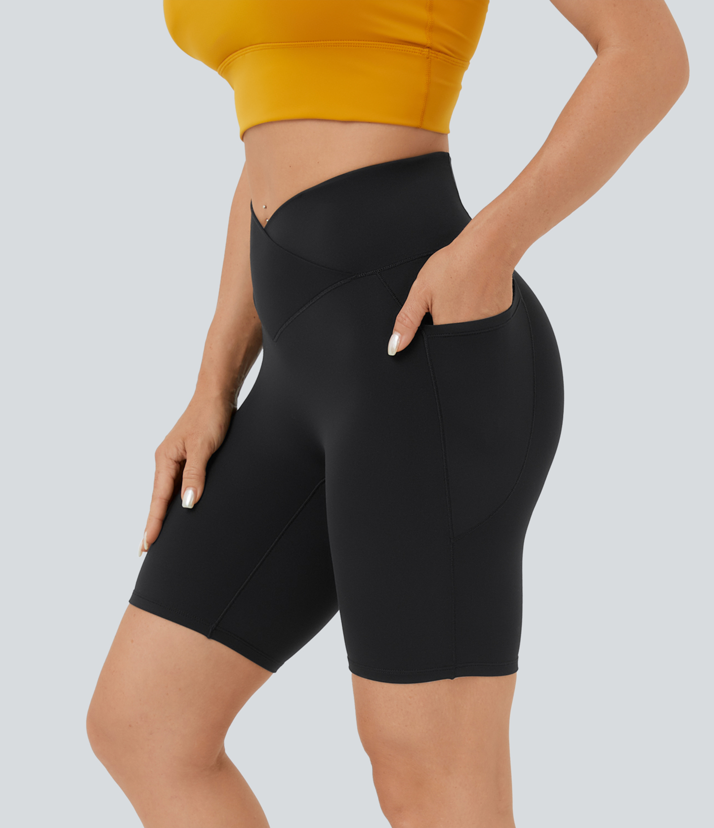High Waisted Crossover Pocket Yoga Biker Shorts 7"-UPF50+