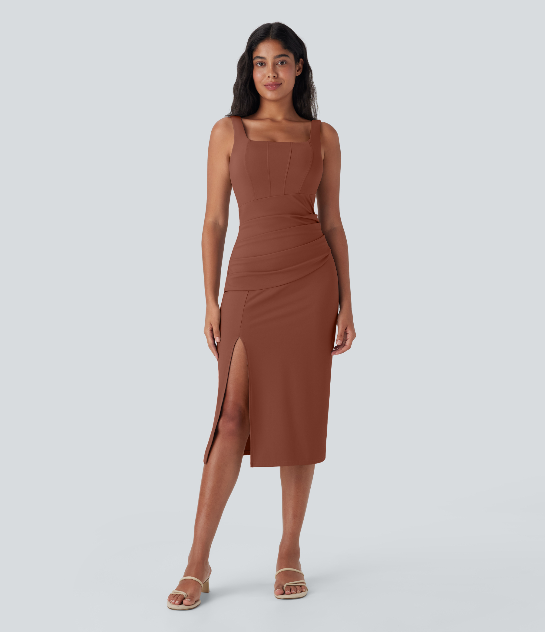 Airy Square Neck Corset Ruched Bodycon Midi Cool Touch Dress-D/DD/DDD/F Cups