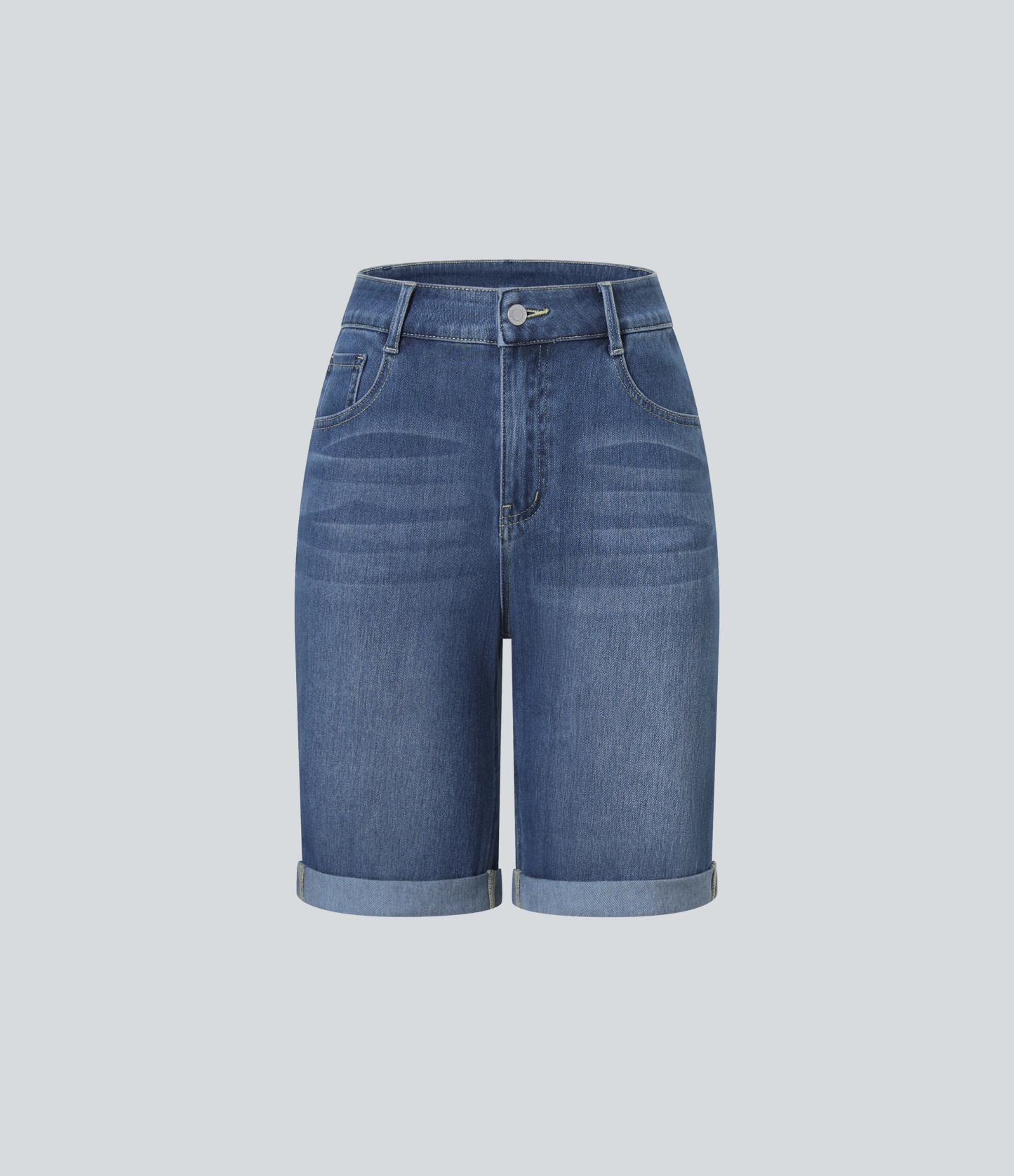 High Waisted Pockets Rolled Hem Washed Denim Casual Bermuda Shorts