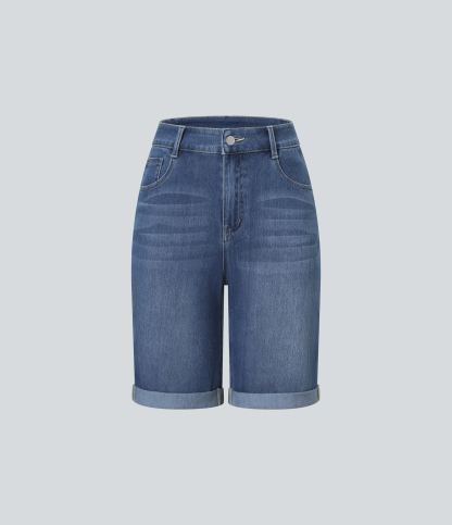 High Waisted Pockets Rolled Hem Washed Denim Casual Bermuda Shorts