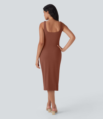Airy Square Neck Corset Ruched Bodycon Midi Cool Touch Dress-D/DD/DDD/F Cups