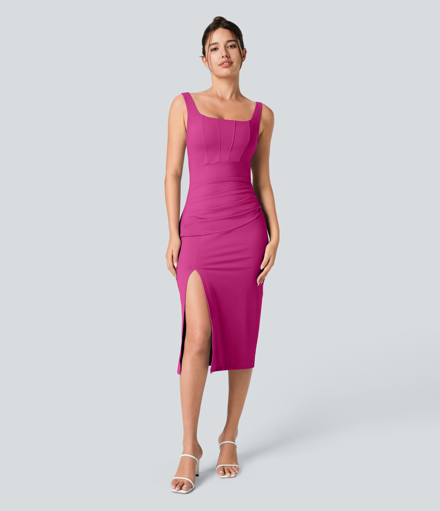 Airy Square Neck Backless Corset Ruched Split Bodycon Midi Cool Touch Bridesmaid and Wedding Guest Dress