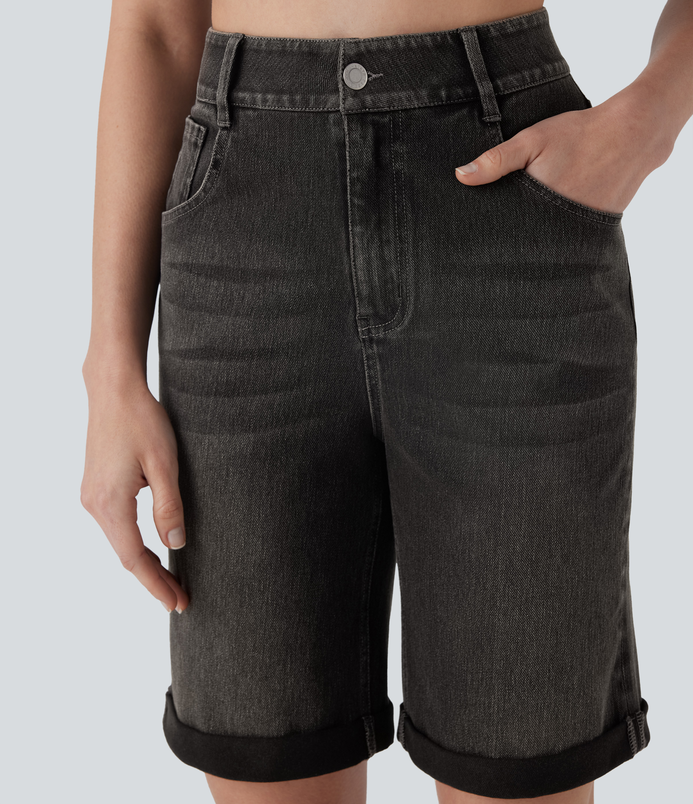 High Waisted Pockets Rolled Hem Washed Denim Casual Bermuda Shorts