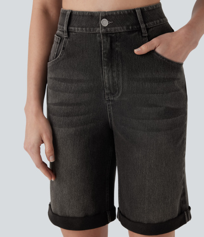 High Waisted Pockets Rolled Hem Washed Denim Casual Bermuda Shorts