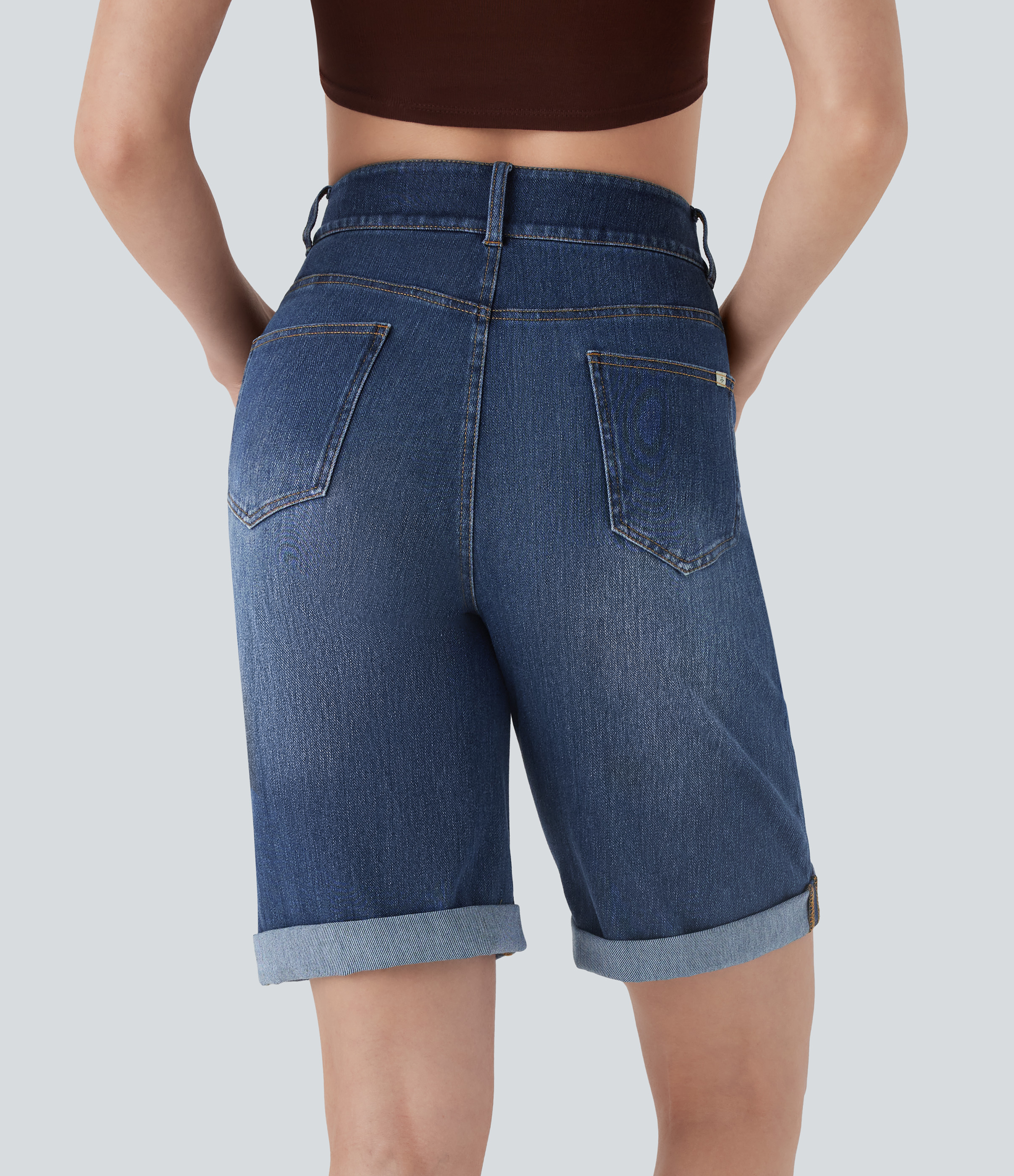 High Waisted Pockets Rolled Hem Washed Denim Casual Bermuda Shorts