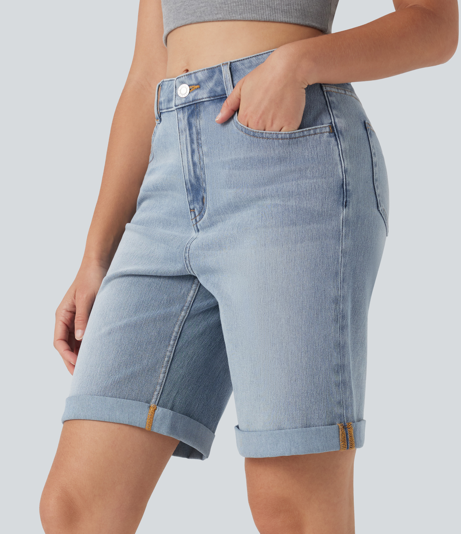 High Waisted Pockets Rolled Hem Washed Denim Casual Bermuda Shorts