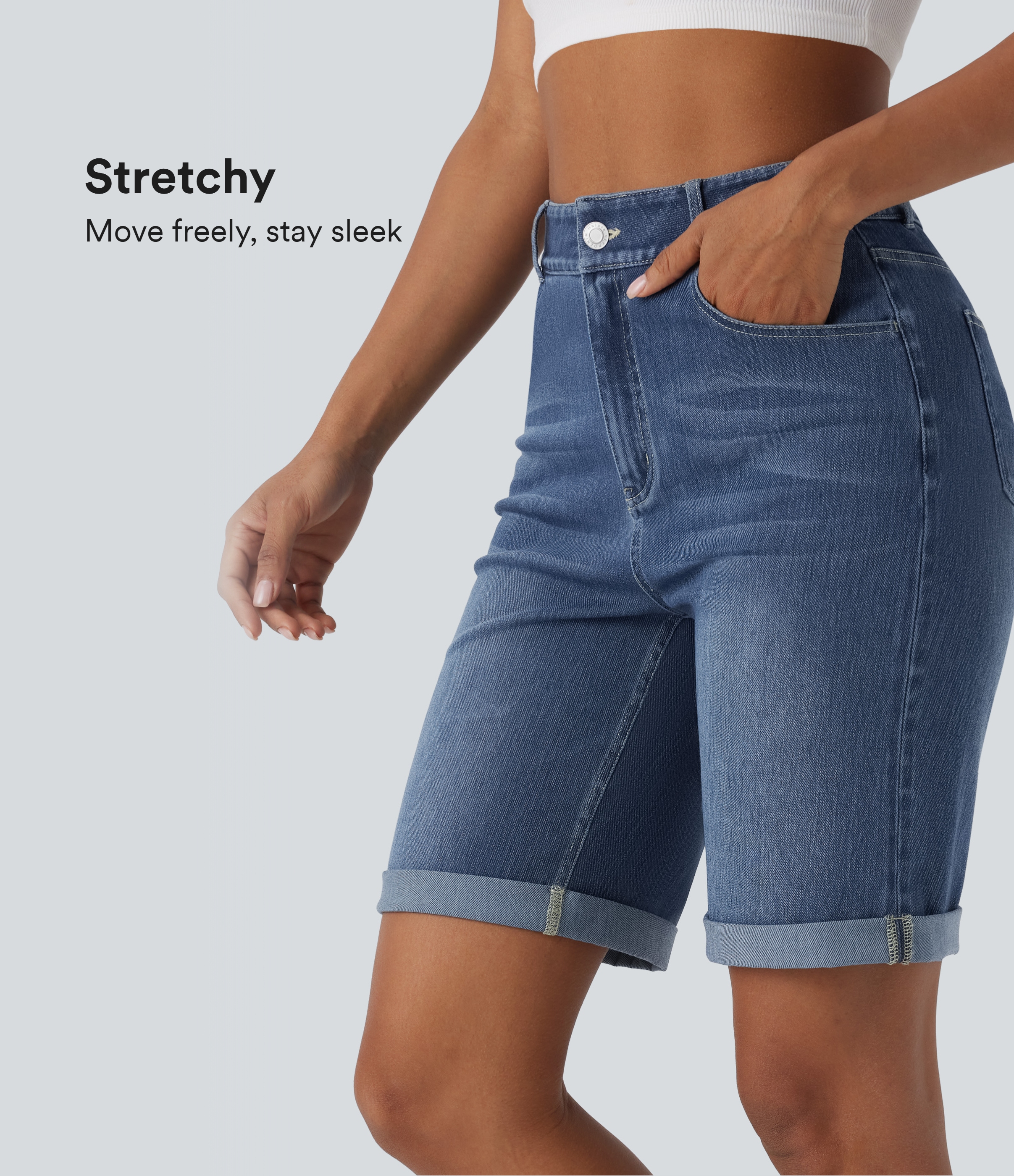 High Waisted Pockets Rolled Hem Washed Denim Casual Bermuda Shorts