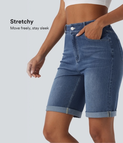High Waisted Pockets Rolled Hem Washed Denim Casual Bermuda Shorts