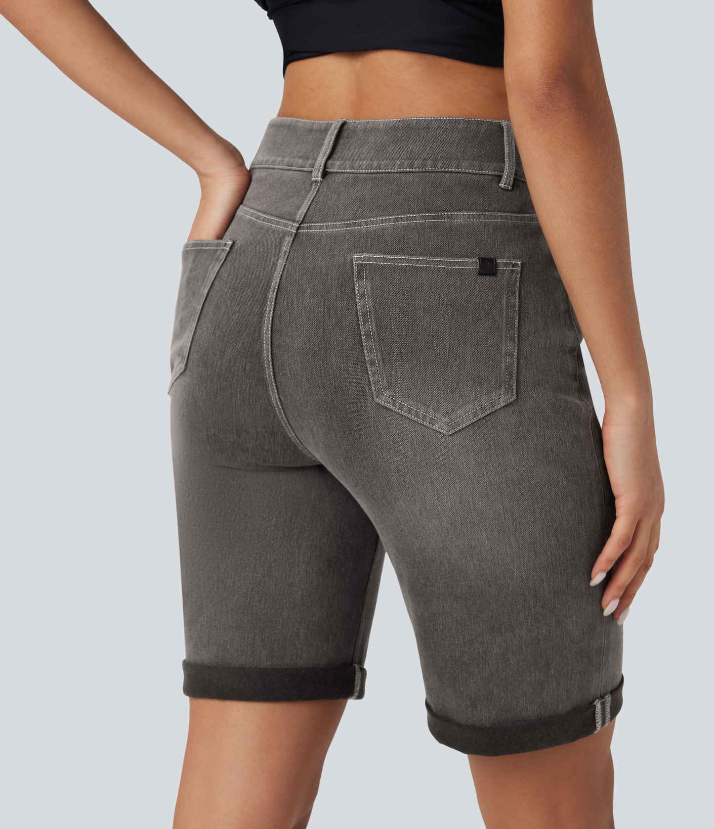 High Waisted Pockets Rolled Hem Washed Denim Casual Bermuda Shorts