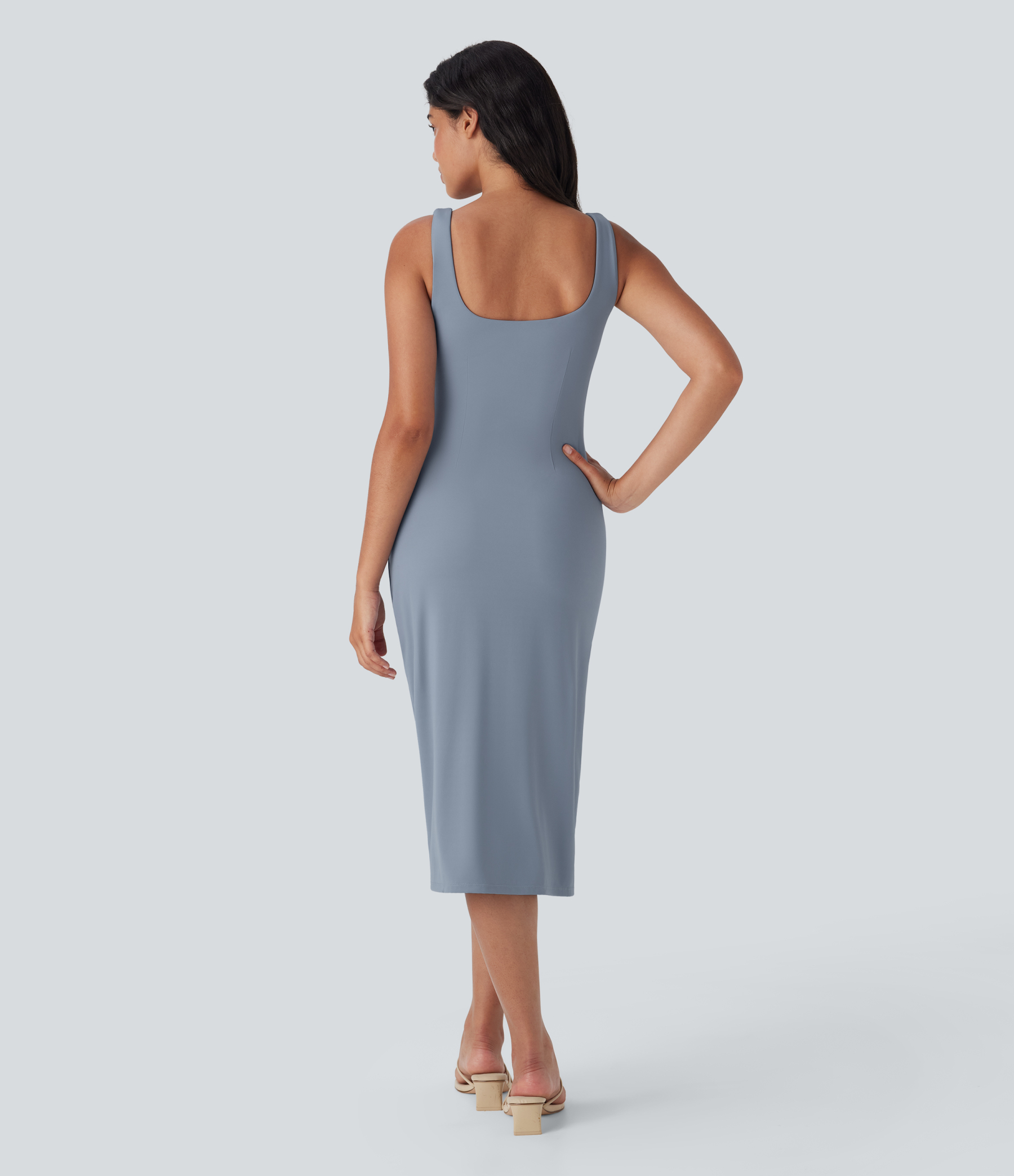 Airy Square Neck Corset Ruched Bodycon Midi Cool Touch Dress-D/DD/DDD/F Cups