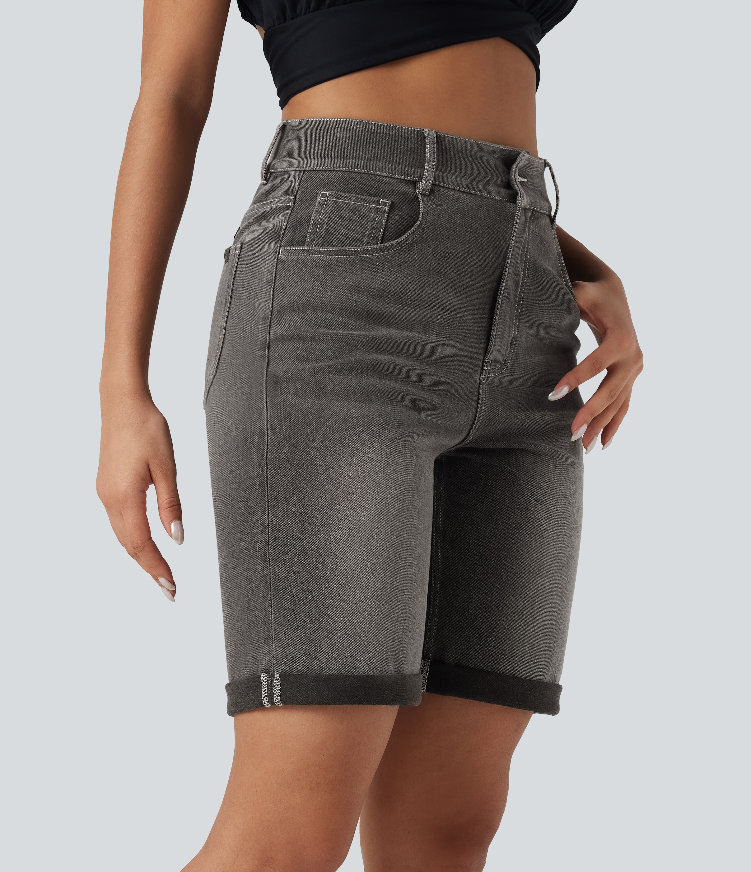 High Waisted Pockets Rolled Hem Washed Denim Casual Bermuda Shorts