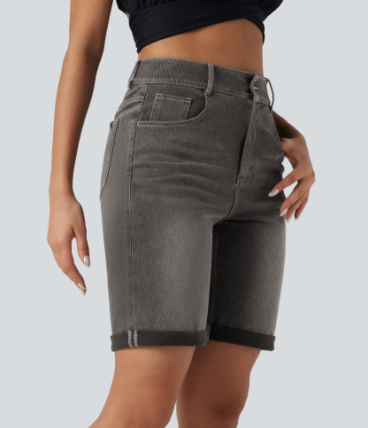 High Waisted Pockets Rolled Hem Washed Denim Casual Bermuda Shorts