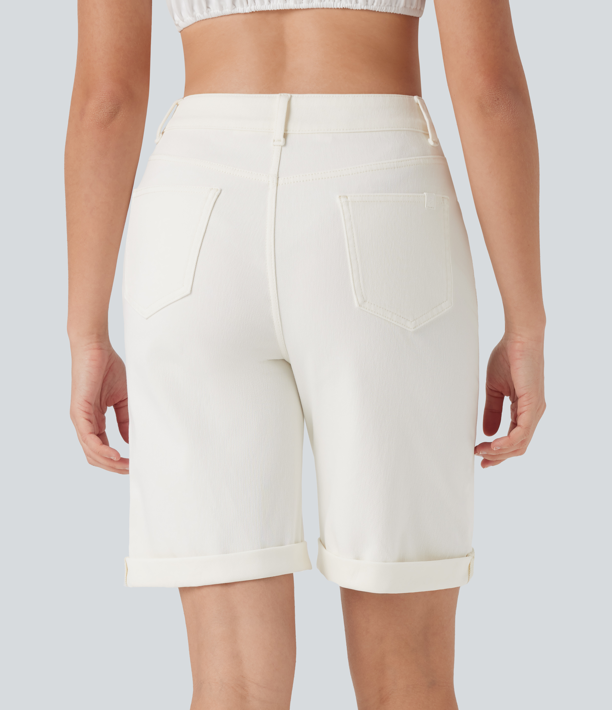 High Waisted Pockets Rolled Hem Washed Denim Casual Bermuda Shorts