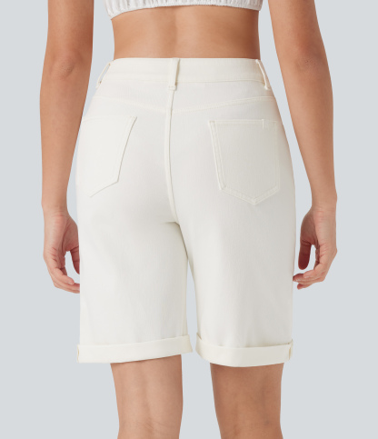 High Waisted Pockets Rolled Hem Washed Denim Casual Bermuda Shorts