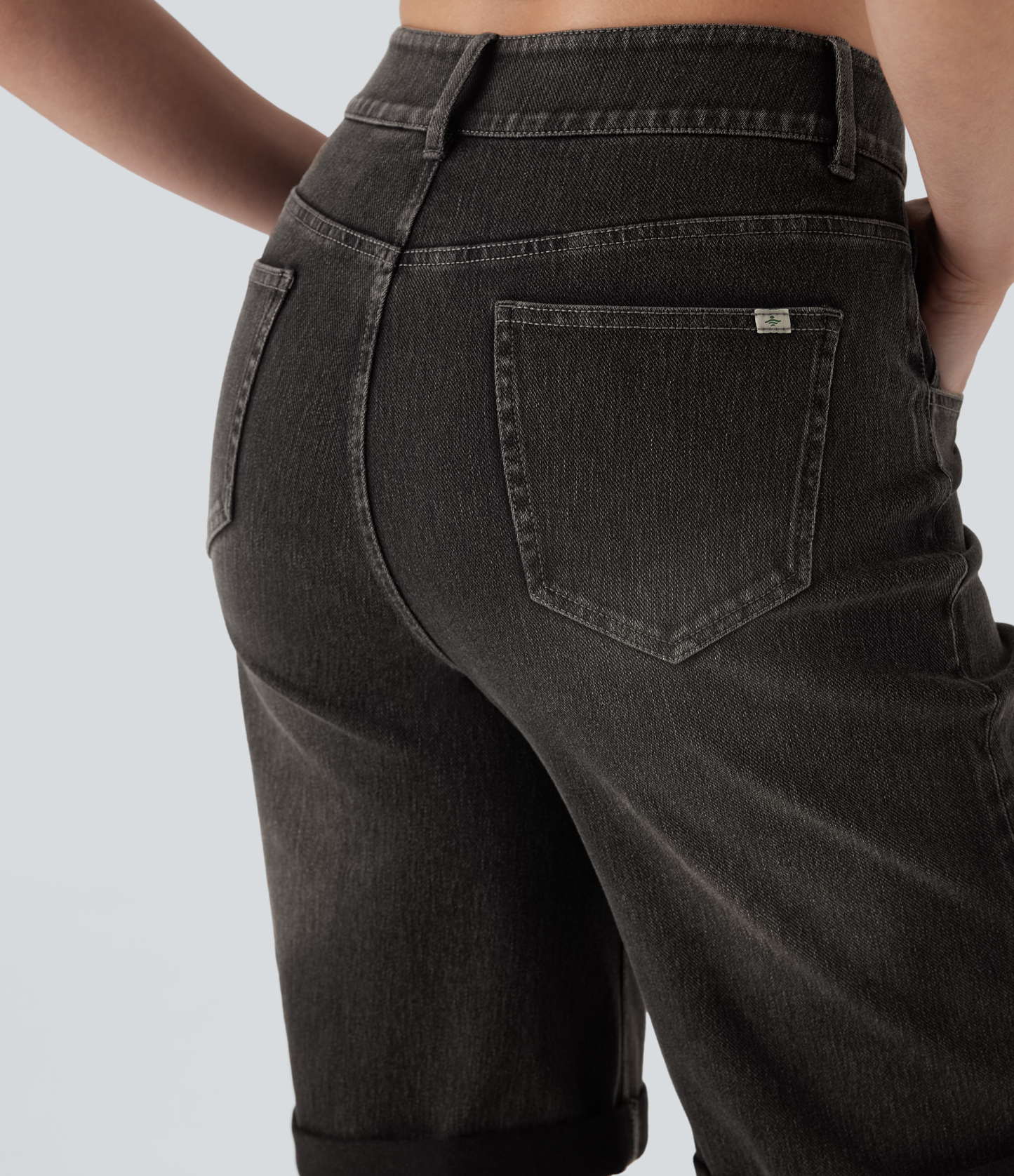 High Waisted Pockets Rolled Hem Washed Denim Casual Bermuda Shorts