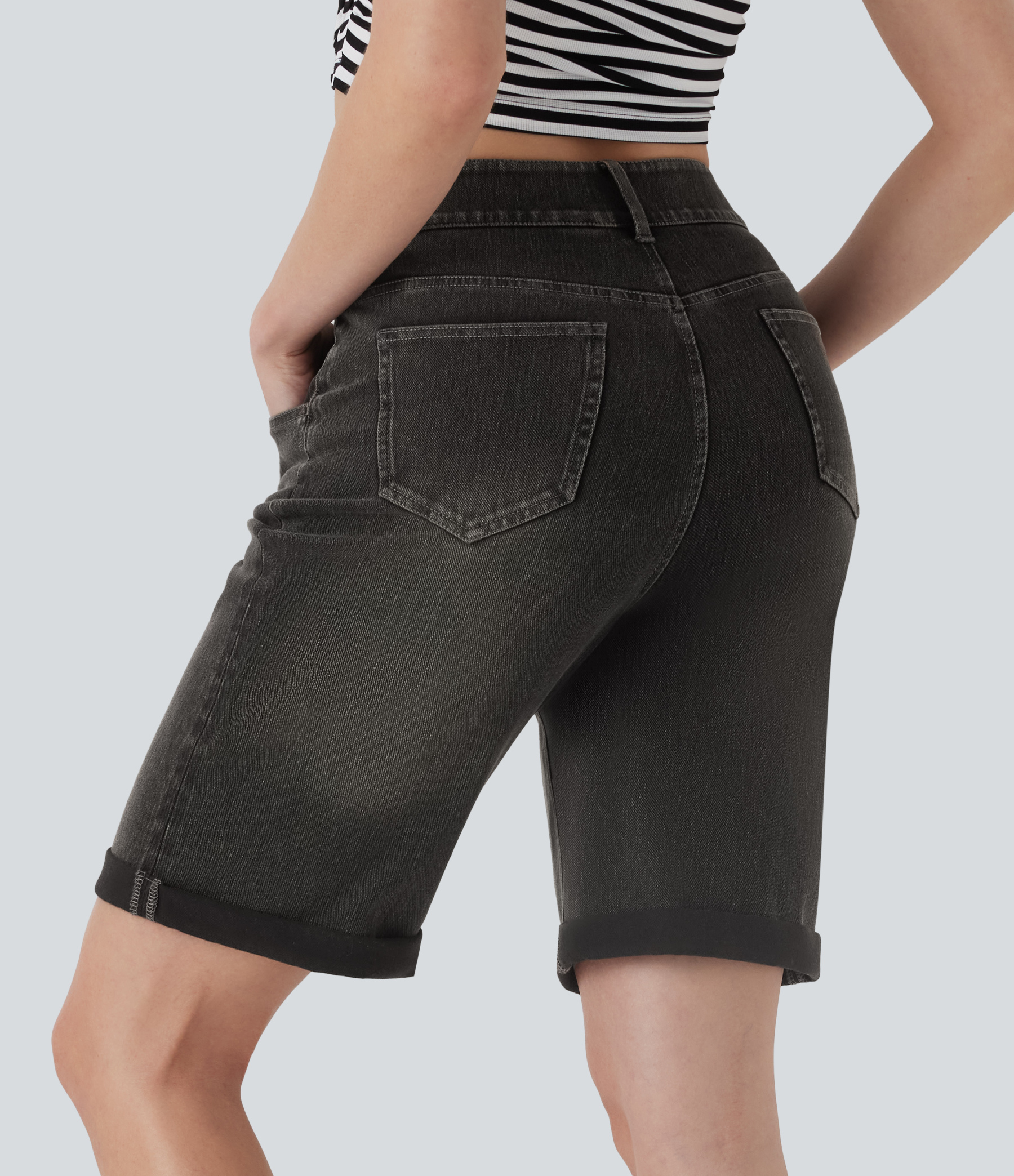 High Waisted Pockets Rolled Hem Washed Denim Casual Bermuda Shorts