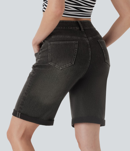 High Waisted Pockets Rolled Hem Washed Denim Casual Bermuda Shorts