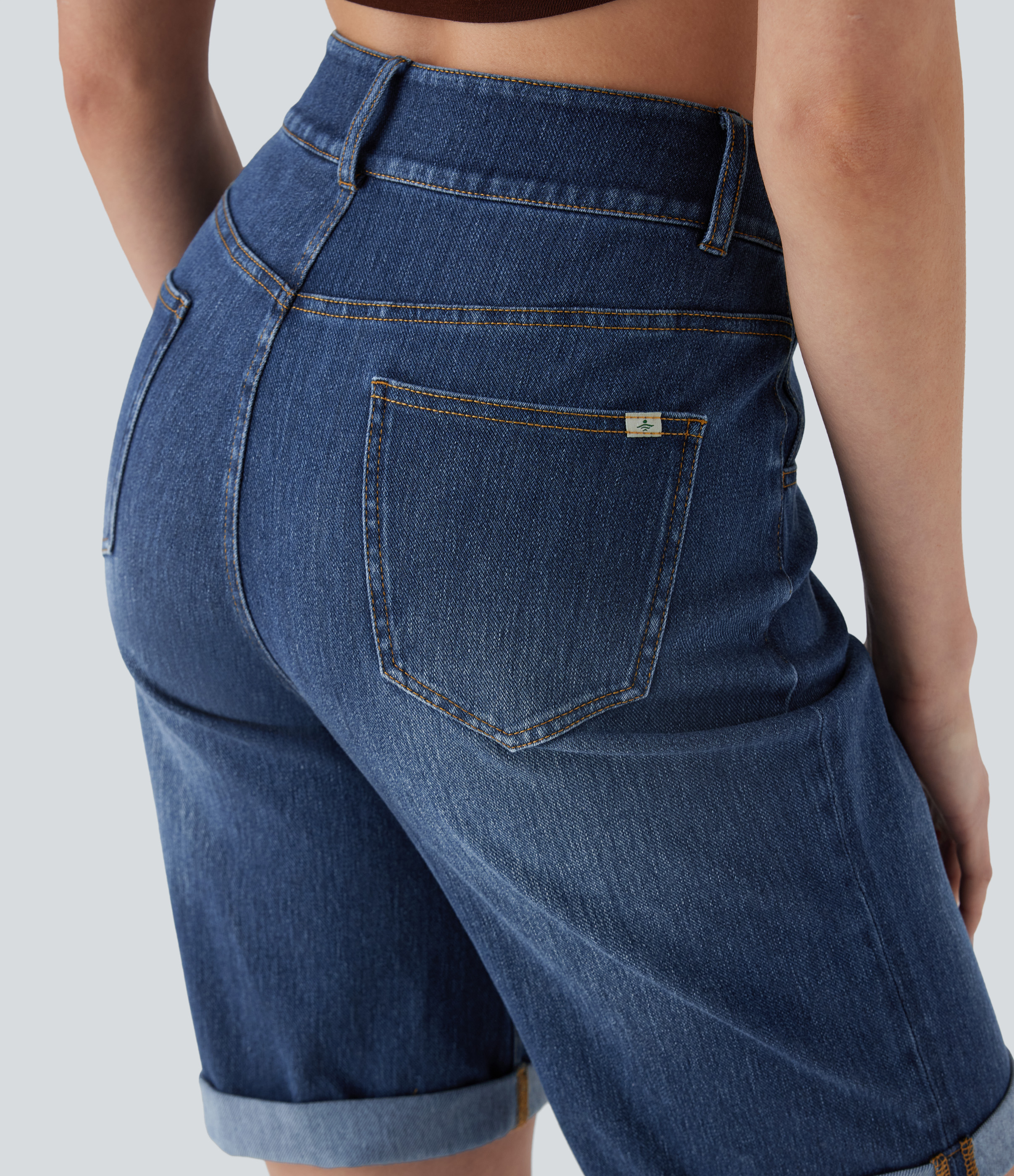 High Waisted Pockets Rolled Hem Washed Denim Casual Bermuda Shorts