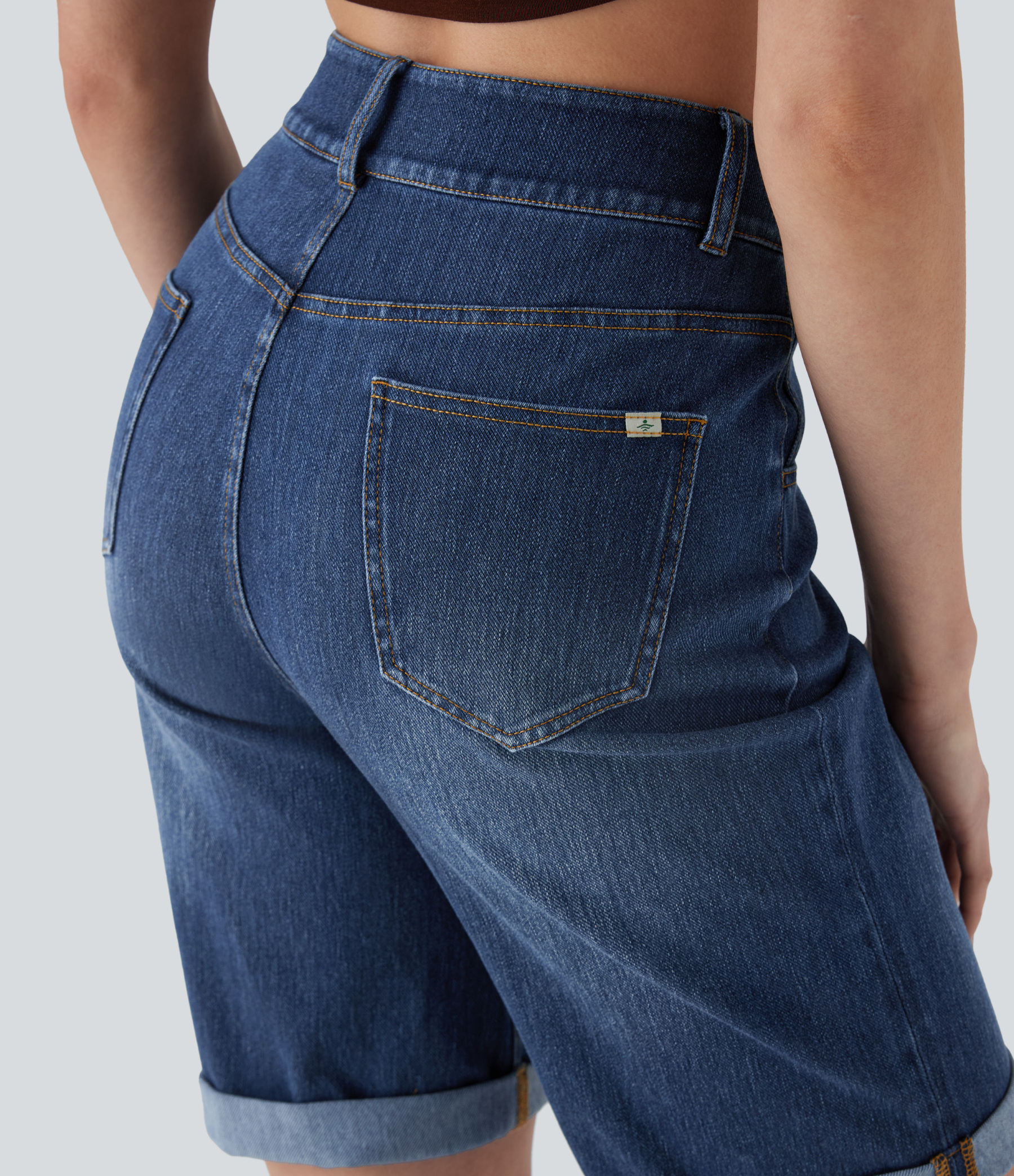 High Waisted Pockets Rolled Hem Washed Denim Casual Bermuda Shorts