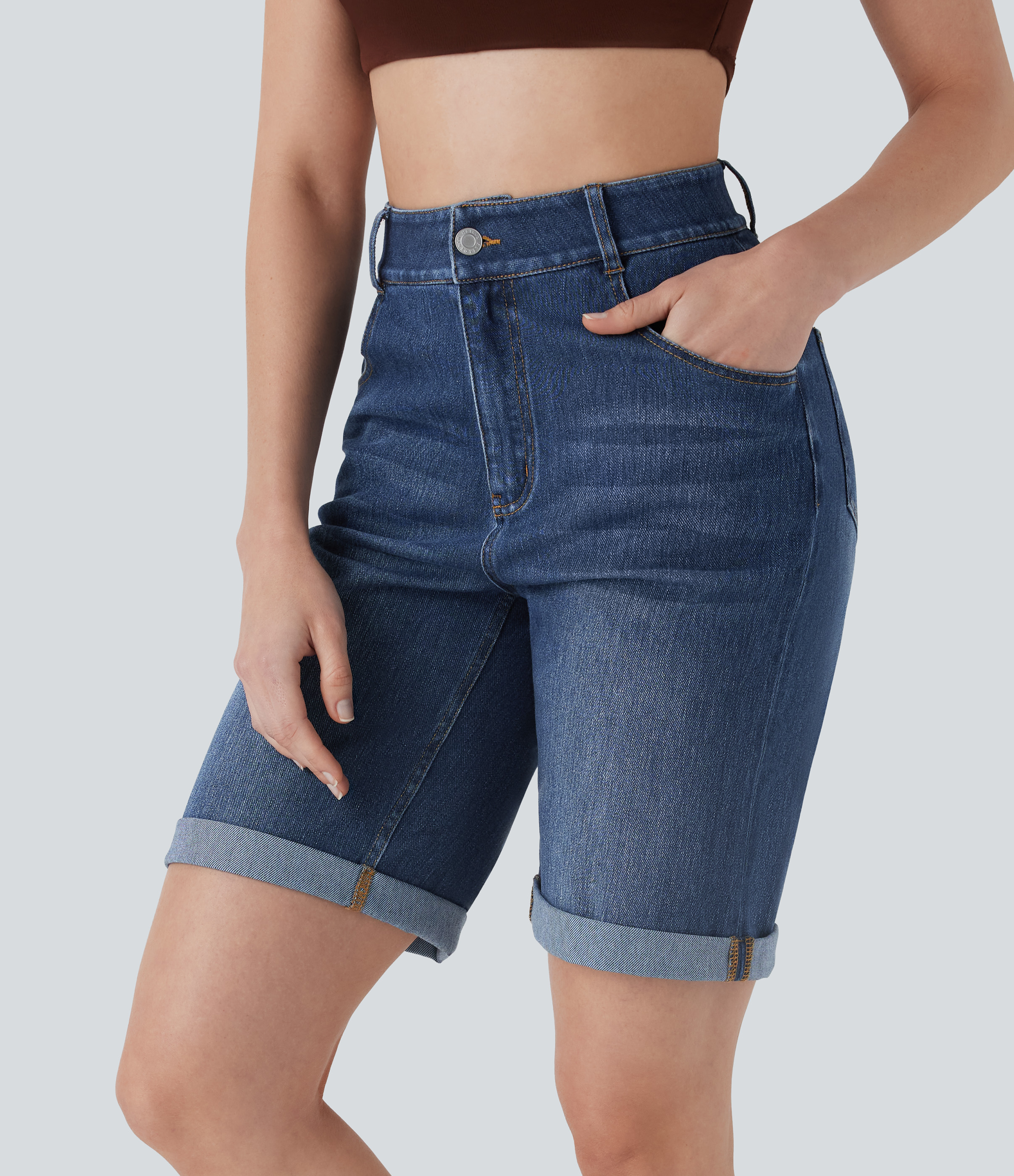 High Waisted Pockets Rolled Hem Washed Denim Casual Bermuda Shorts