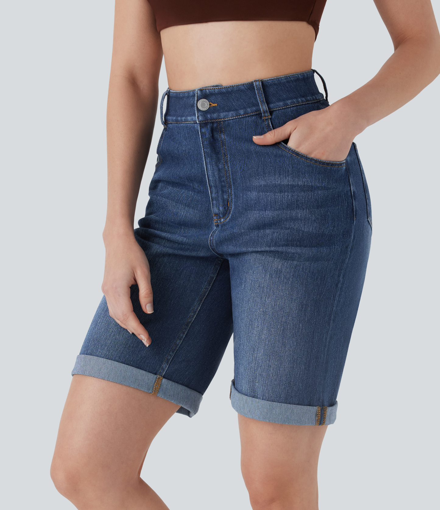 High Waisted Pockets Rolled Hem Washed Denim Casual Bermuda Shorts