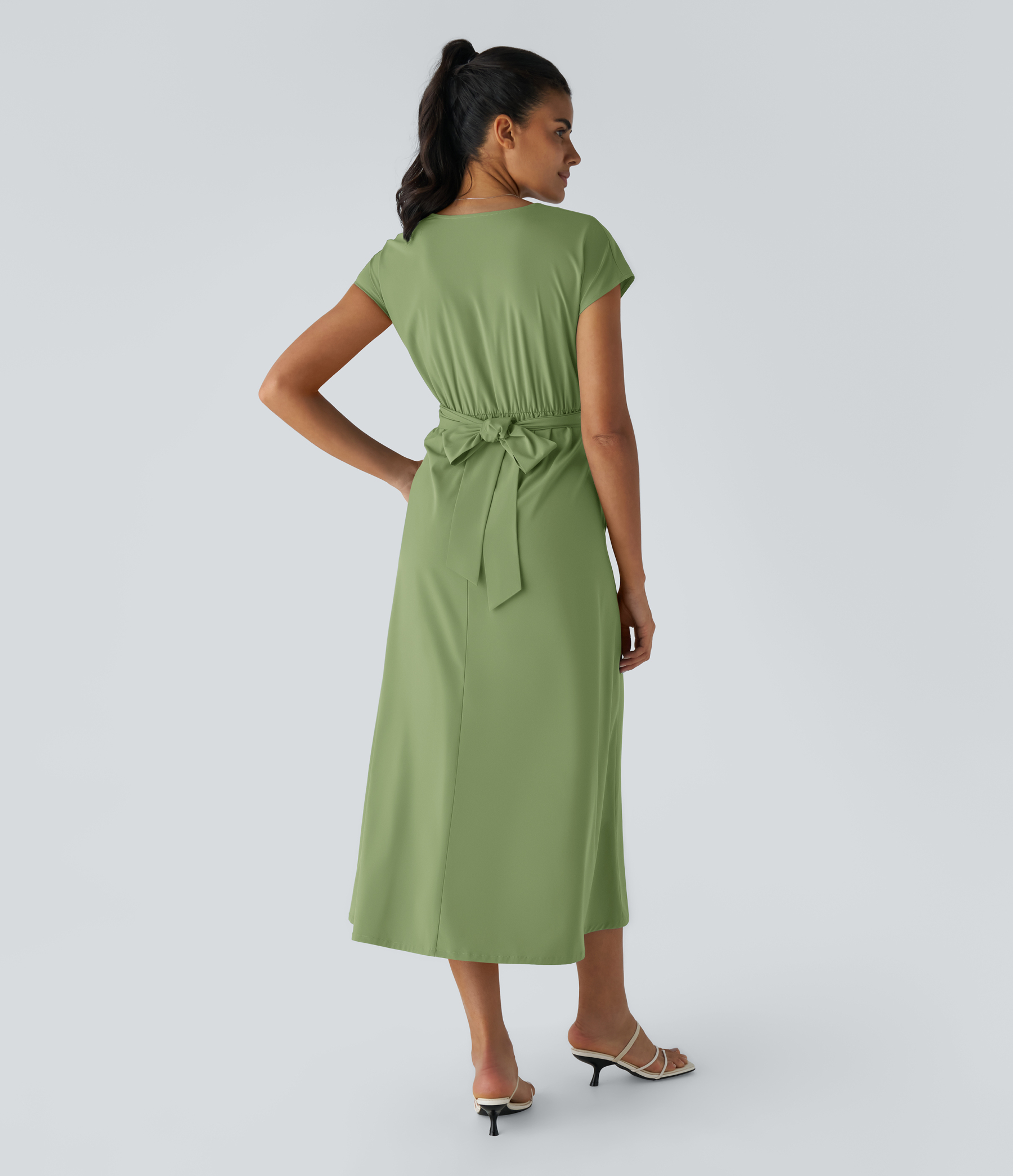 V Neck Short Sleeve Pocket Tie Back Quick Dry Midi Casual Dress-Longer Length