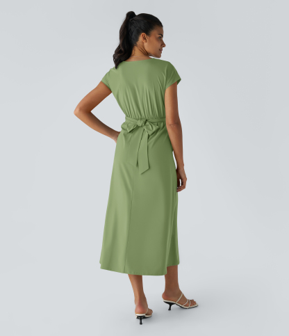 V Neck Short Sleeve Pocket Tie Back Quick Dry Midi Casual Dress-Longer Length