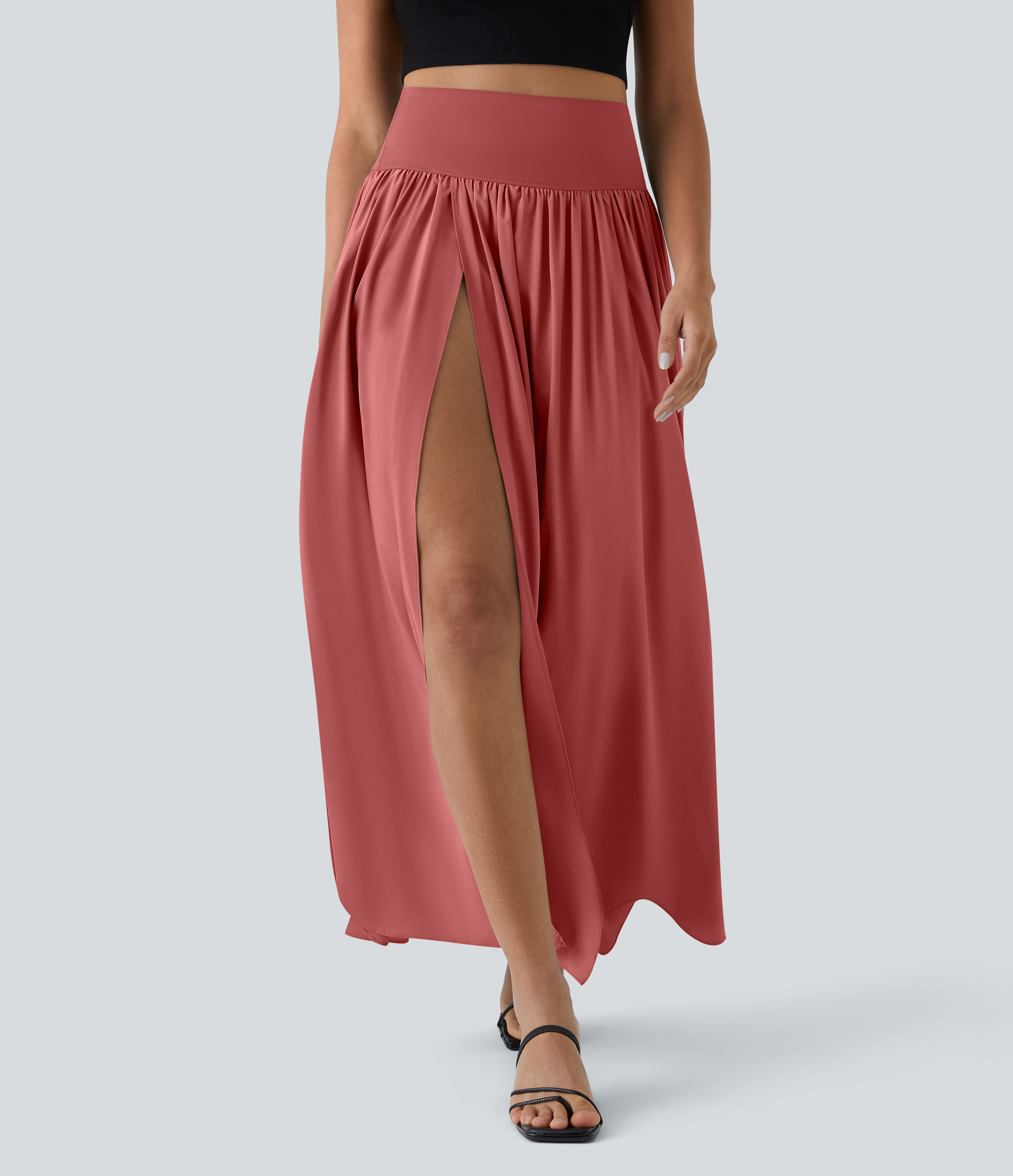 High Waisted Split 2-in-1 Flowy Quick Dry Maxi Casual Skirt