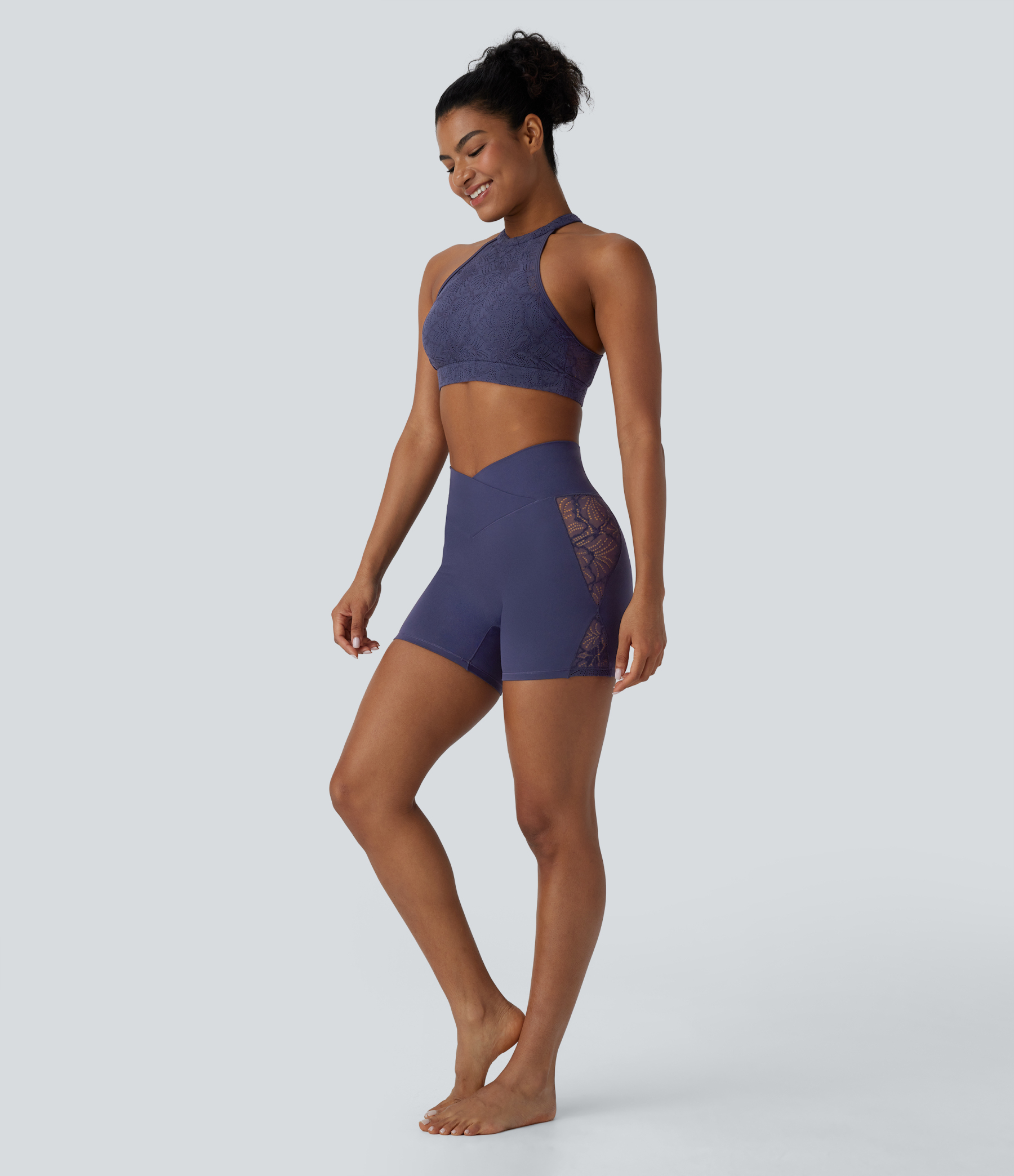High Waisted Crossover Contrast Lace Built-in Underwear Yoga Biker Shorts 5'' with Pocket-UPF50+