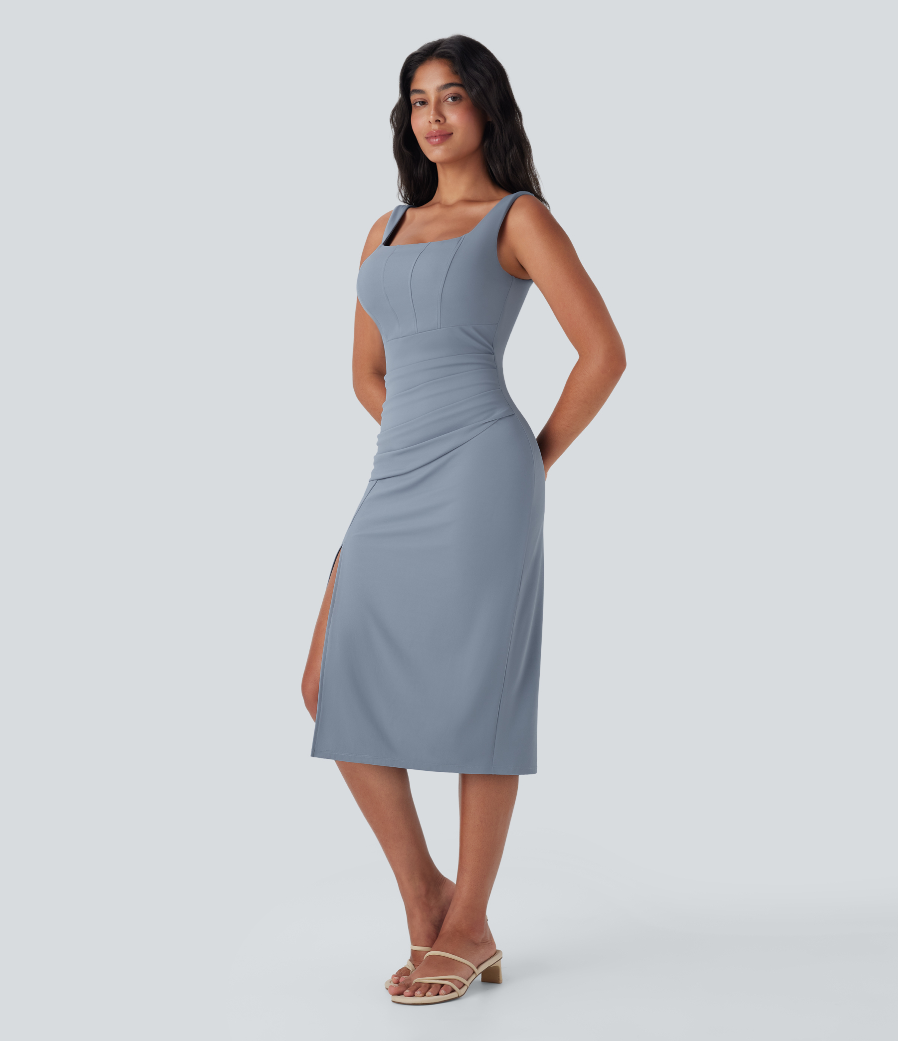 Airy Square Neck Corset Ruched Bodycon Midi Cool Touch Dress-D/DD/DDD/F Cups