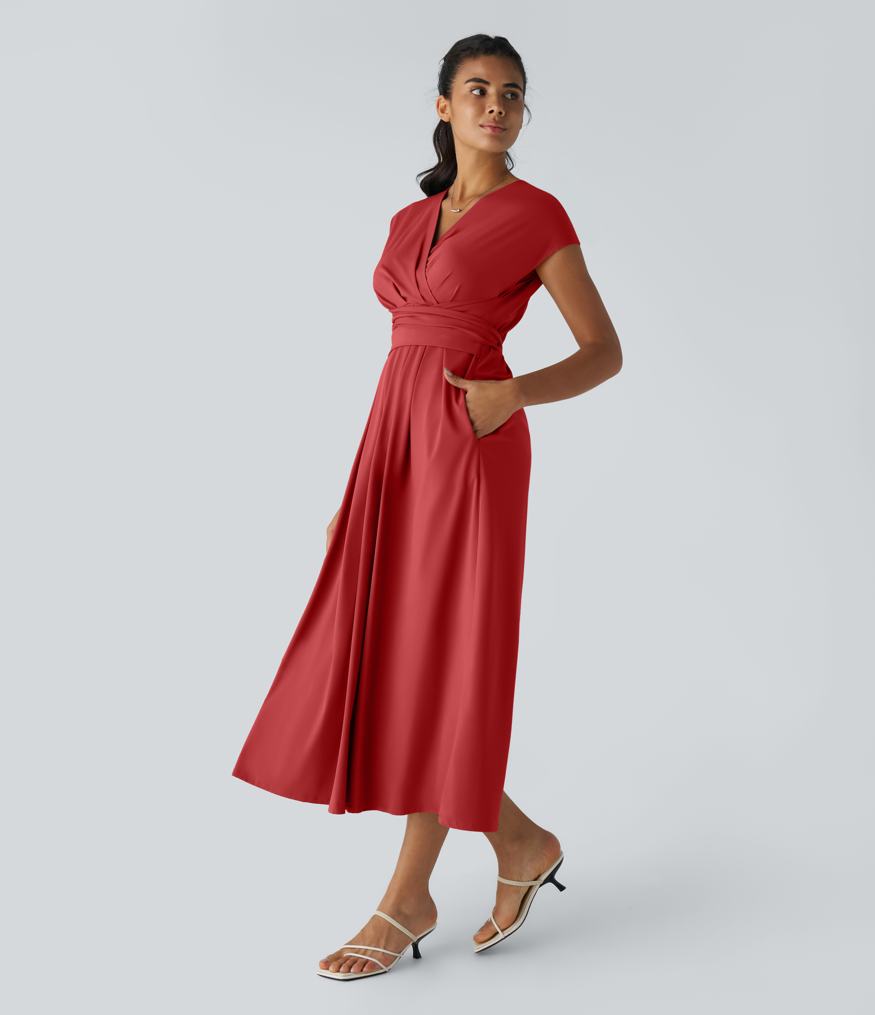 V Neck Short Sleeve Pocket Tie Back Quick Dry Midi Casual Dress-Longer Length