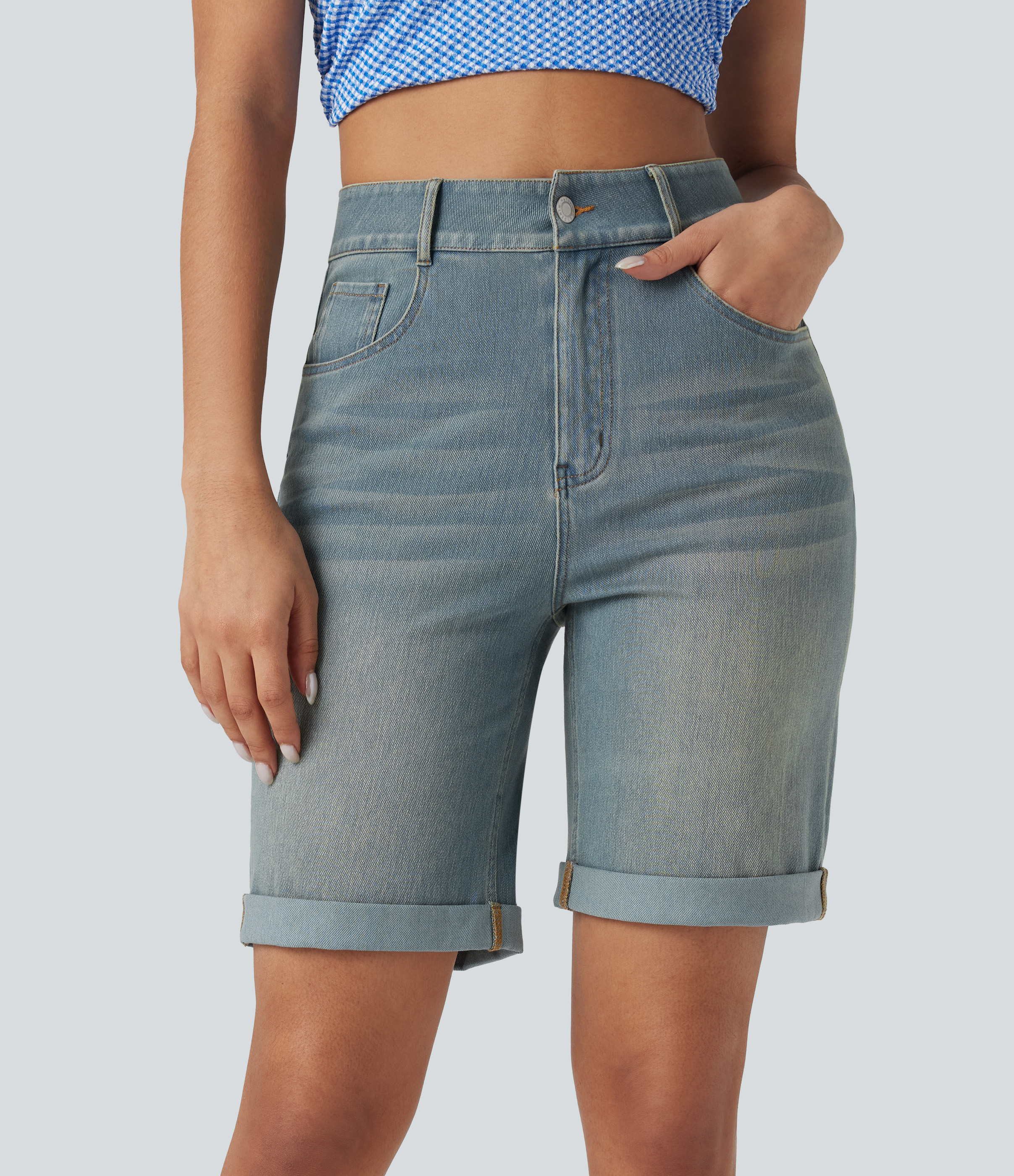 Halara Flex™ High Waisted Pockets Rolled Hem Washed Denim Casual Bermu