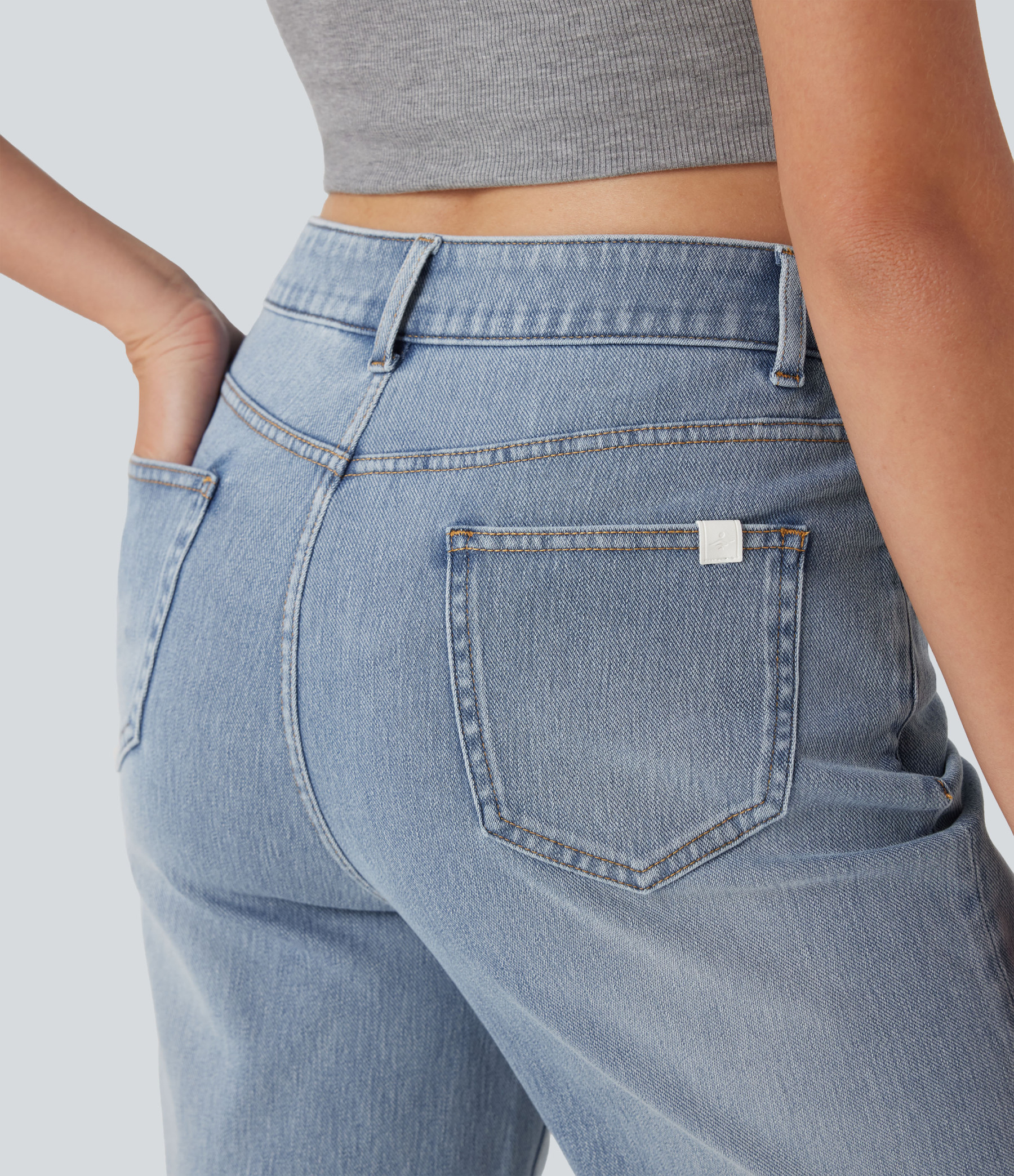 High Waisted Pockets Rolled Hem Washed Denim Casual Bermuda Shorts