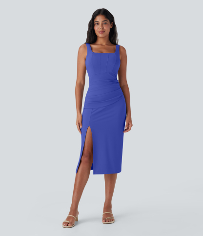 Airy Square Neck Corset Ruched Bodycon Midi Cool Touch Dress-D/DD/DDD/F Cups