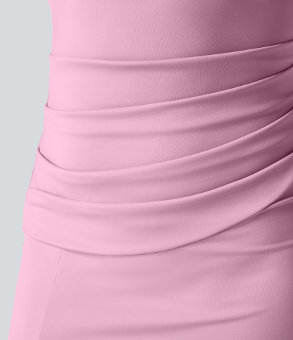 Airy Square Neck Backless Corset Ruched Split Bodycon Midi Cool Touch Bridesmaid and Wedding Guest Dress