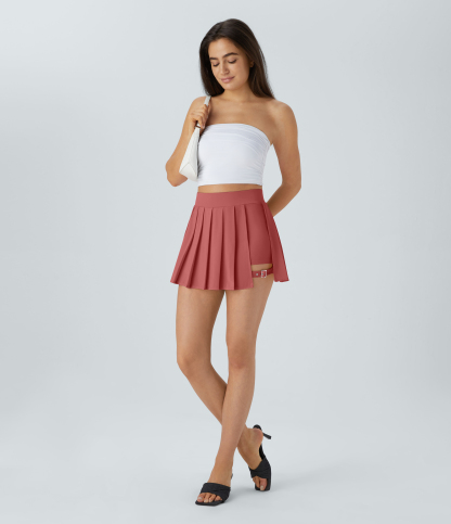 High Waisted Pleated 2-in-1 Pocket Adjustable Buckle Micro Mini Quick Dry Casual Skirt