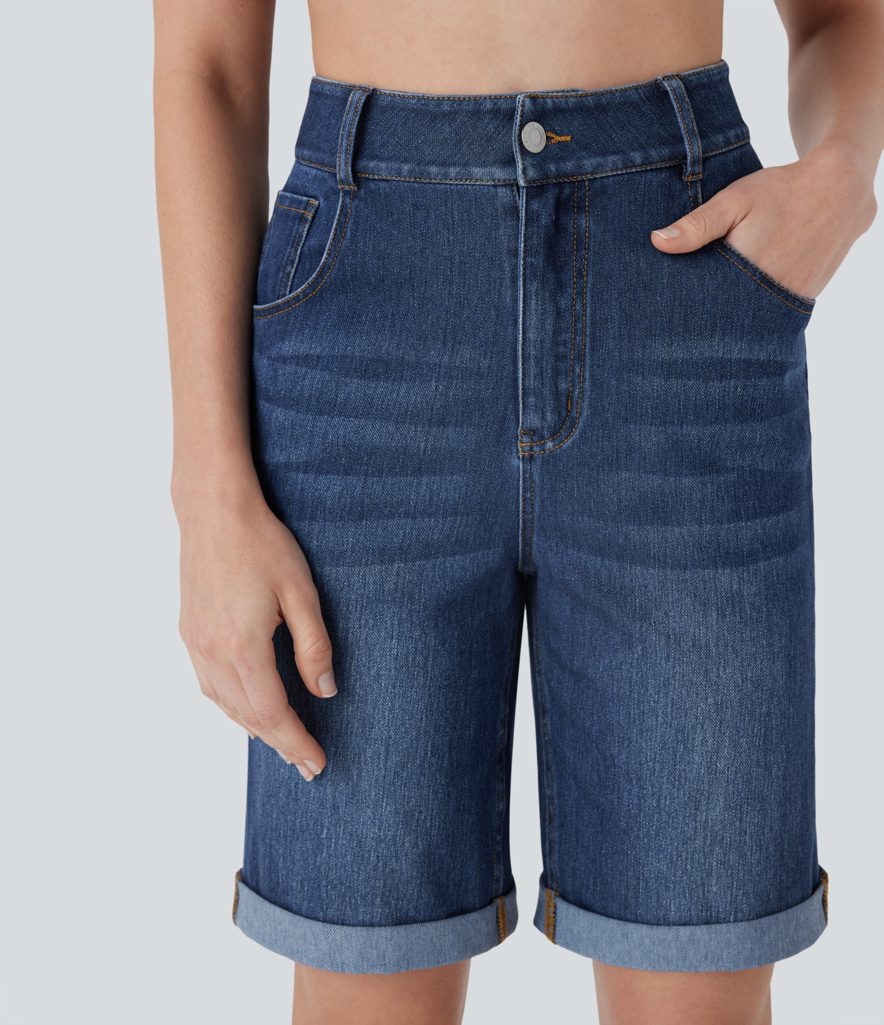 High Waisted Pockets Rolled Hem Washed Denim Casual Bermuda Shorts