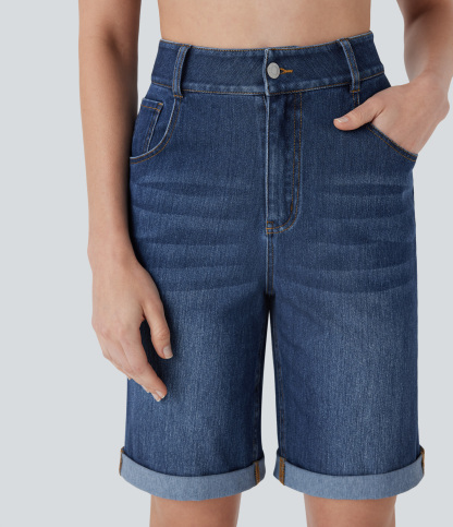 High Waisted Pockets Rolled Hem Washed Denim Casual Bermuda Shorts
