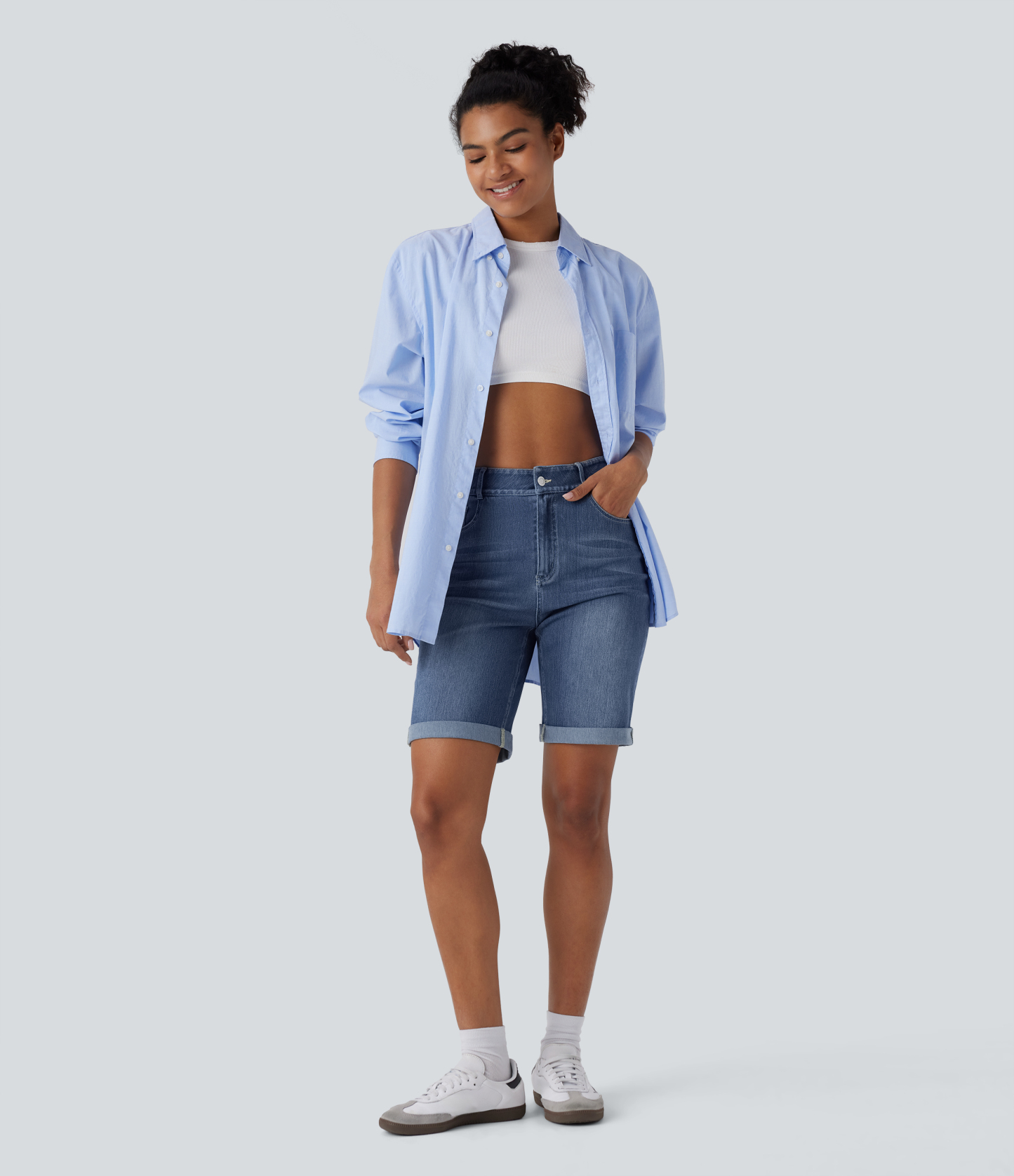 High Waisted Pockets Rolled Hem Washed Denim Casual Bermuda Shorts