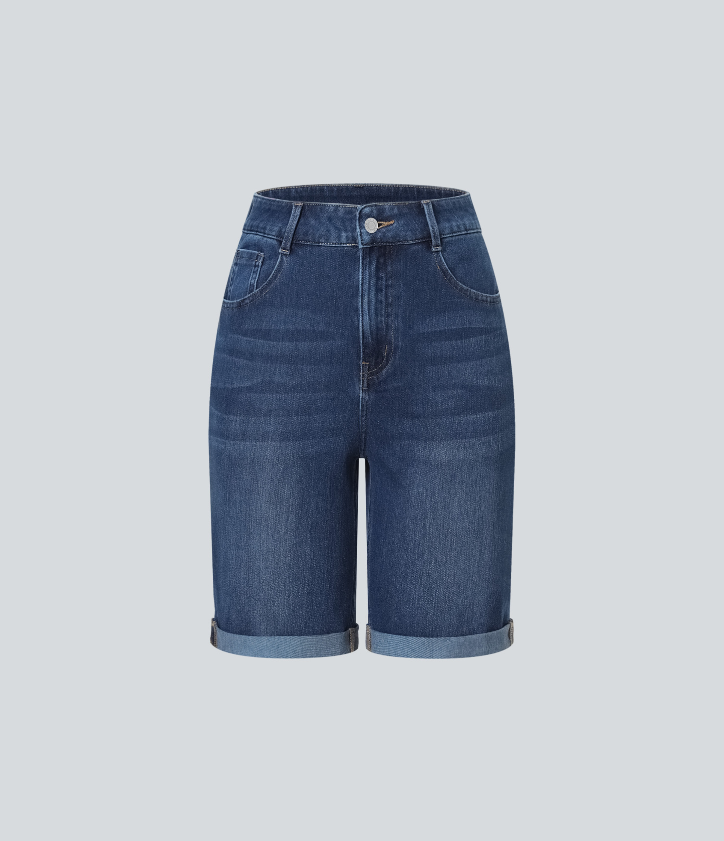 High Waisted Pockets Rolled Hem Washed Denim Casual Bermuda Shorts