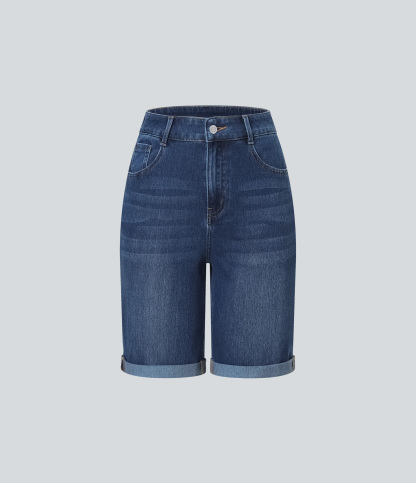 High Waisted Pockets Rolled Hem Washed Denim Casual Bermuda Shorts