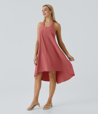 Backless Racerback Side Pocket High Low Flowy Midi Quick Dry Casual Dress