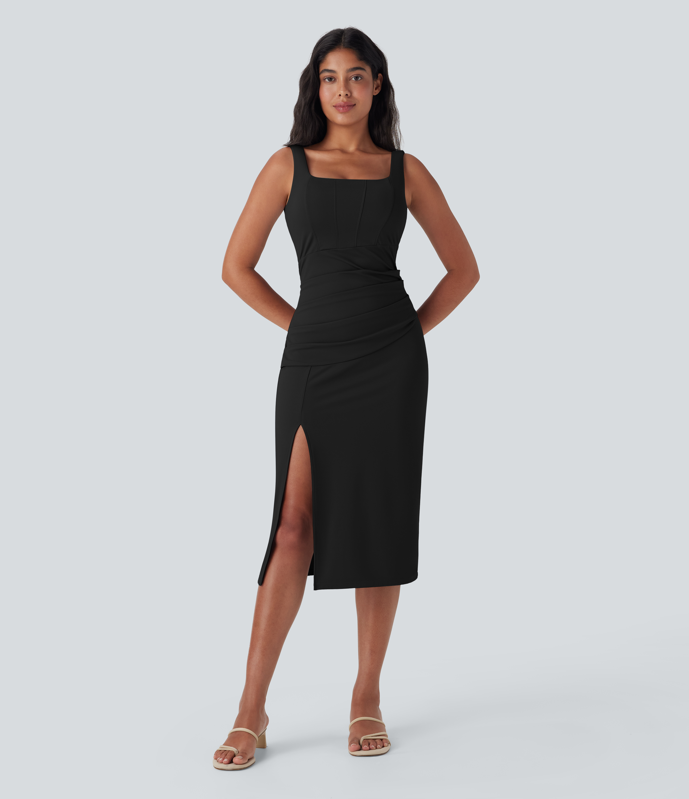 SoftlyZero™ Airy Square Neck Corset Ruched Bodycon Midi Cool Touch Dre