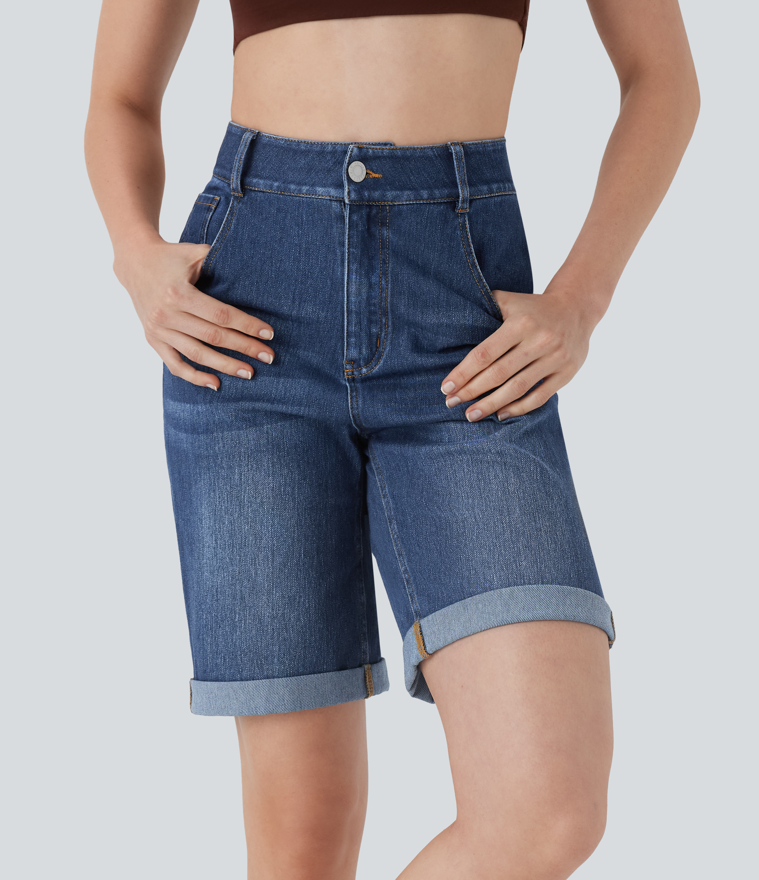 Halara Flex™ High Waisted Pockets Rolled Hem Washed Denim Casual Bermu