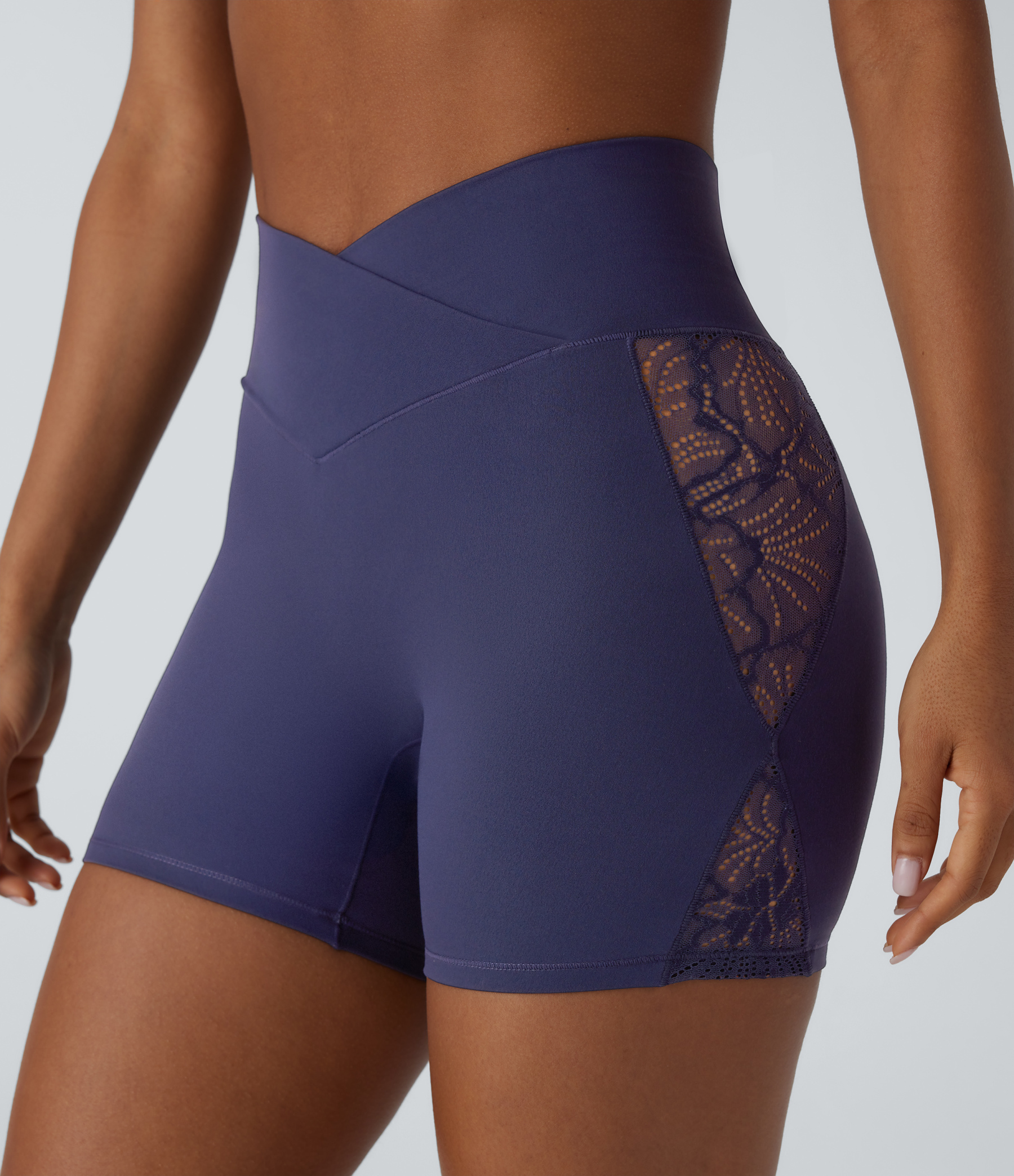 High Waisted Crossover Contrast Lace Built-in Underwear Yoga Biker Shorts 5'' with Pocket-UPF50+