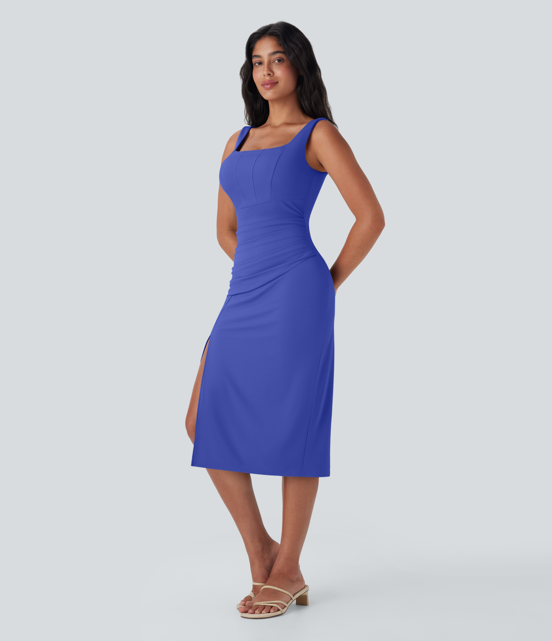 Airy Square Neck Corset Ruched Bodycon Midi Cool Touch Dress-D/DD/DDD/F Cups