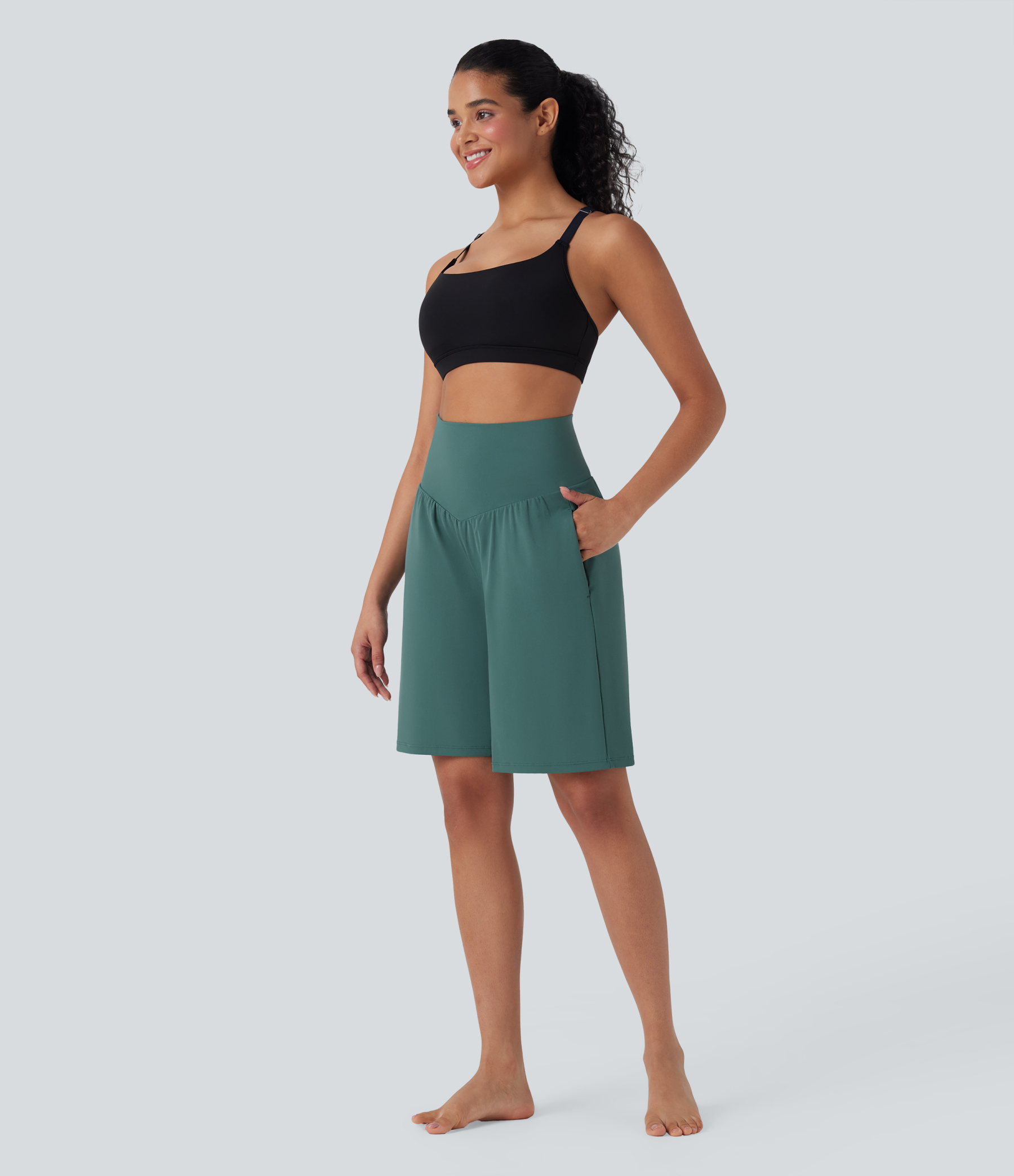 Airy High Waisted Pockets Cool Touch Yoga Bermuda Shorts