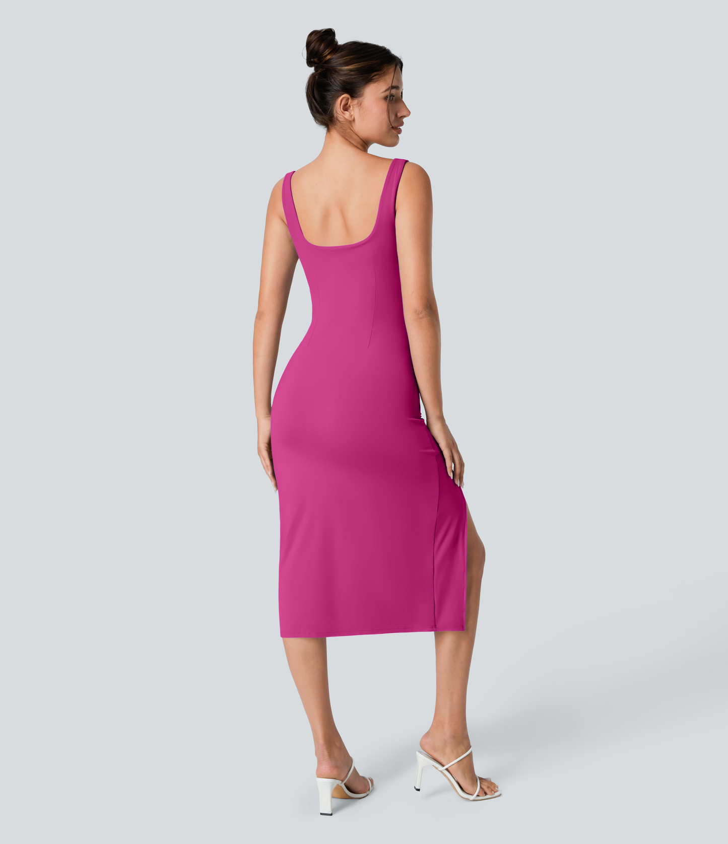 Airy Square Neck Backless Corset Ruched Split Bodycon Midi Cool Touch Bridesmaid and Wedding Guest Dress