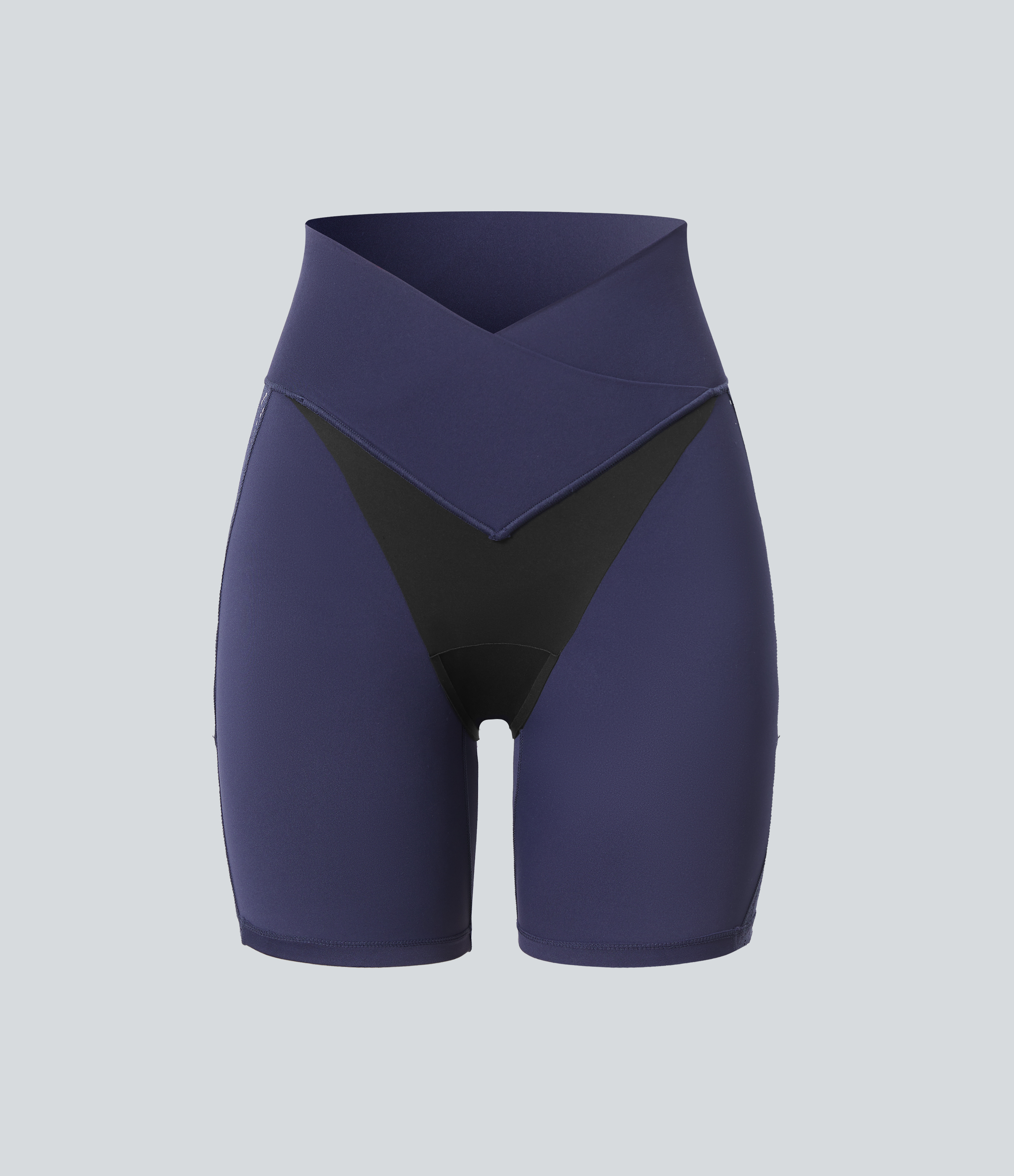 High Waisted Crossover Contrast Lace Built-in Underwear Yoga Biker Shorts 5'' with Pocket-UPF50+