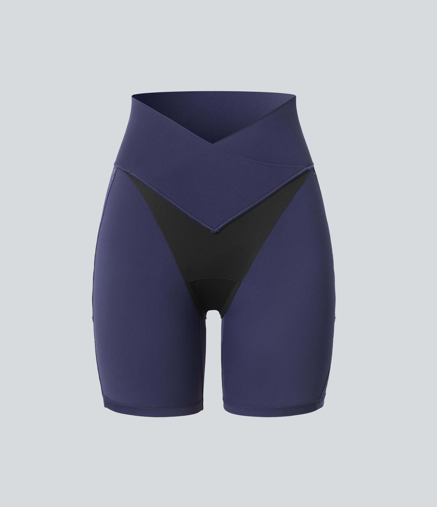 High Waisted Crossover Contrast Lace Built-in Underwear Yoga Biker Shorts 5'' with Pocket-UPF50+